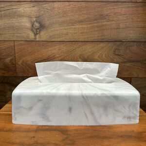 Vintage Retro Tissue Box Cover White Faux Marble Pattern Plastic Rectangular